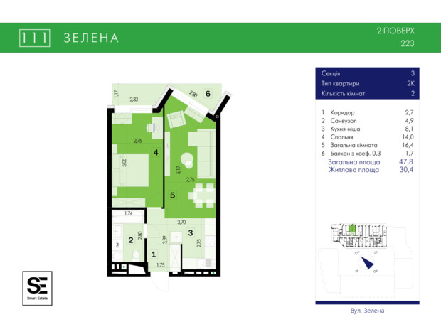 ЖК 111 Zelena: планування 2-кімнатної квартири 47.8 м²