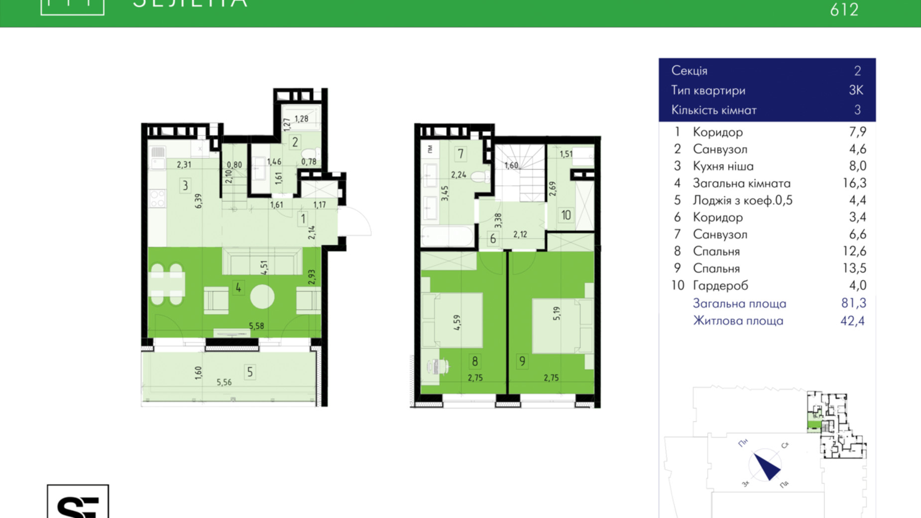 Планировка много­уровневой квартиры в ЖК 111 Зеленая 81.3 м², фото 634021