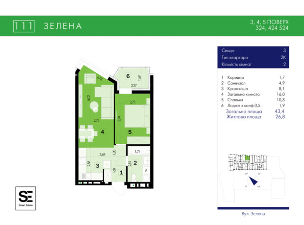 ЖК 111 Zelena: планування 2-кімнатної квартири 43.4 м²