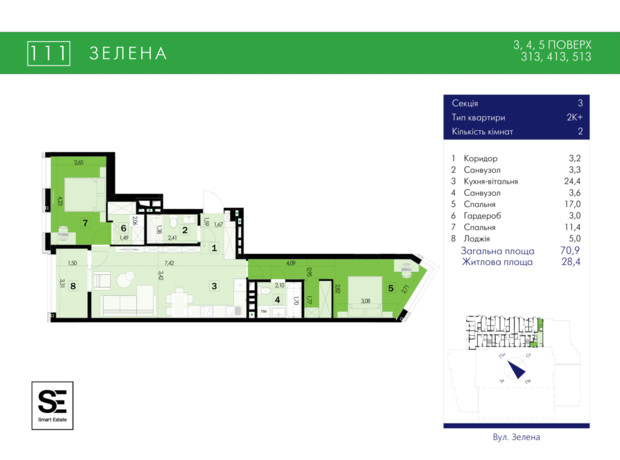 ЖК 111 Zelena: планування 2-кімнатної квартири 70.9 м²