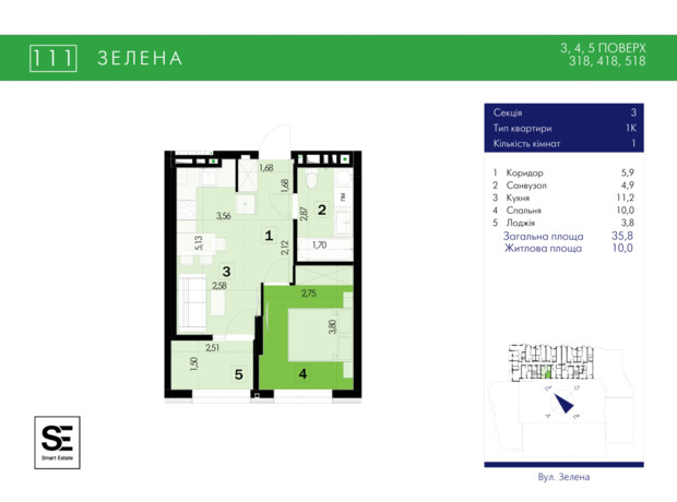 ЖК 111 Zelena: планування 1-кімнатної квартири 35.8 м²