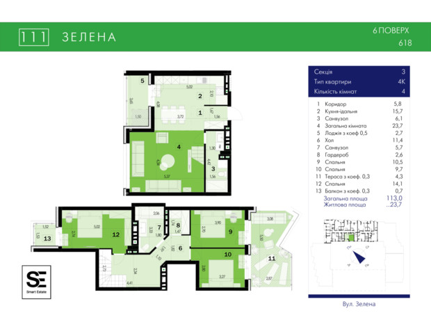 ЖК 111 Zelena: планування 4-кімнатної квартири 113 м²