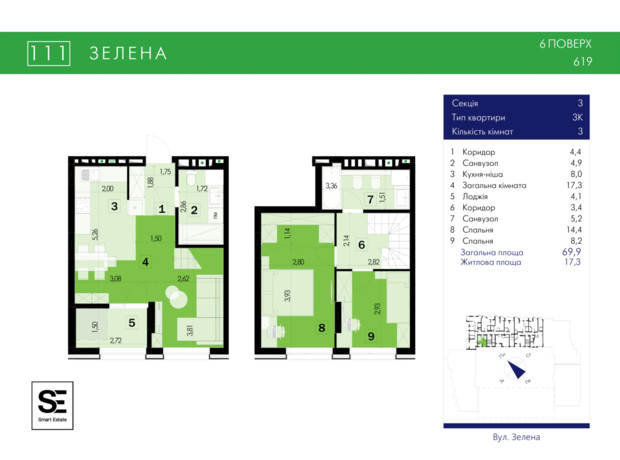 ЖК 111 Zelena: планування 3-кімнатної квартири 69.9 м²