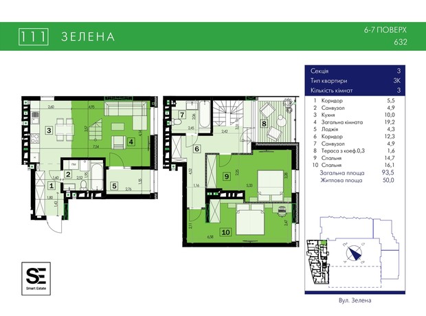 ЖК 111 Zelena: планування 3-кімнатної квартири 93.5 м²