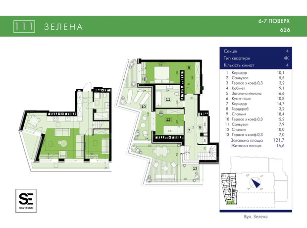 ЖК 111 Zelena: планування 3-кімнатної квартири 121.7 м²