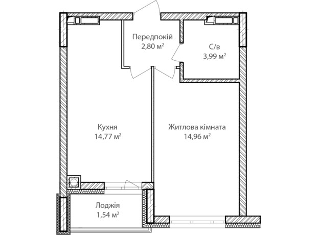 ЖК Синергия Сити: планировка 1-комнатной квартиры 38 м²