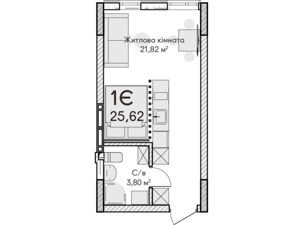 ЖК Синергия Сити: планировка 1-комнатной квартиры 25 м²