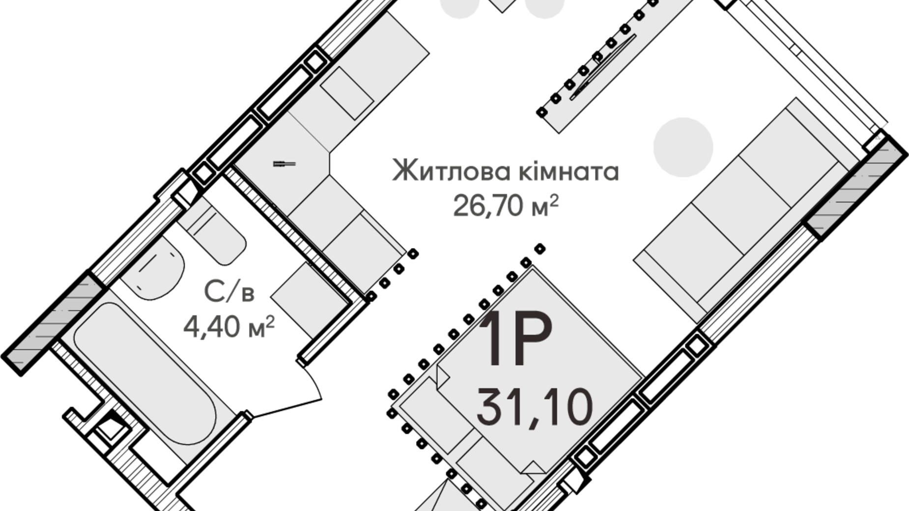 Планування 1-кімнатної квартири в ЖК Синергія Сіті 31 м², фото 634167