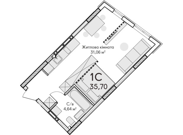 ЖК Синергія Сіті: планування 1-кімнатної квартири 35 м²