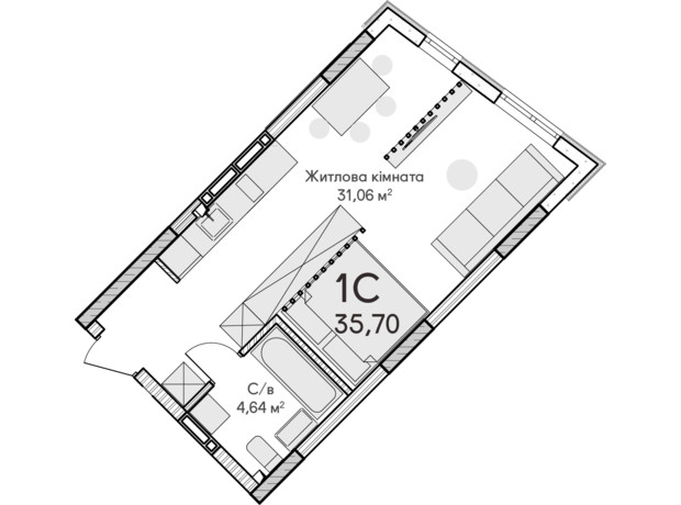 ЖК Синергия Сити: планировка 1-комнатной квартиры 35 м²