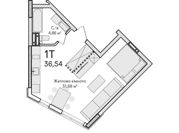 ЖК Синергия Сити: планировка 1-комнатной квартиры 36 м²