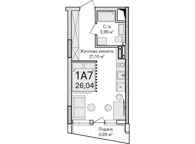 ЖК Синергия Сити: планировка 1-комнатной квартиры 26 м²