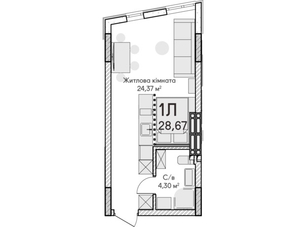 ЖК Синергия Сити: планировка 1-комнатной квартиры 28 м²