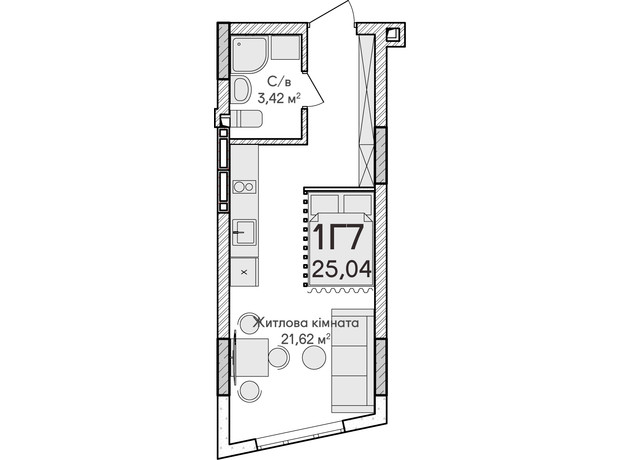 ЖК Синергия Сити: планировка 1-комнатной квартиры 25 м²