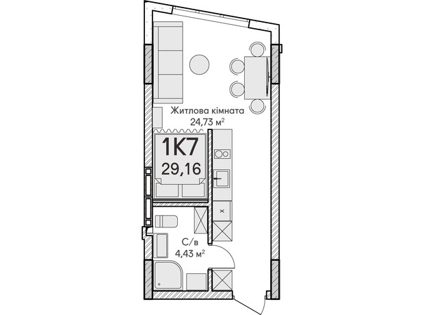 ЖК Синергия Сити: планировка 1-комнатной квартиры 29 м²