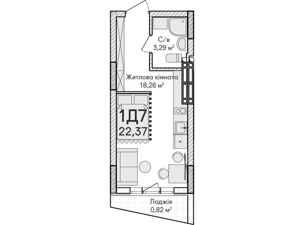 ЖК Синергія Сіті: планування 1-кімнатної квартири 22 м²