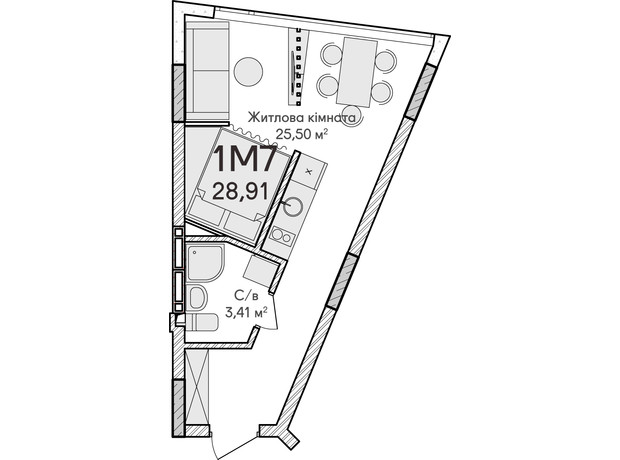 ЖК Синергія Сіті: планування 1-кімнатної квартири 28 м²