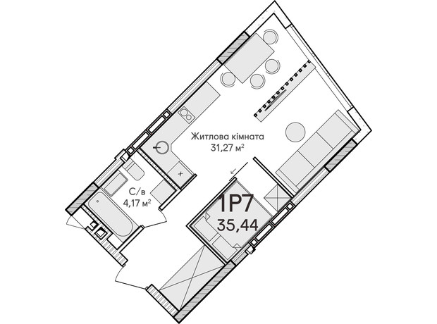 ЖК Синергия Сити: планировка 1-комнатной квартиры 35 м²