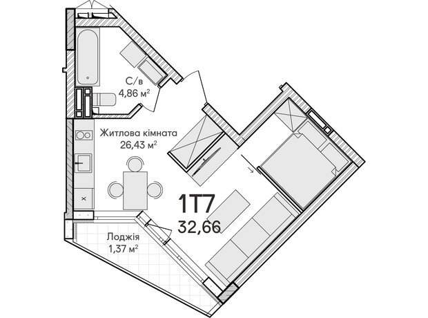 ЖК Синергия Сити: планировка 1-комнатной квартиры 32 м²