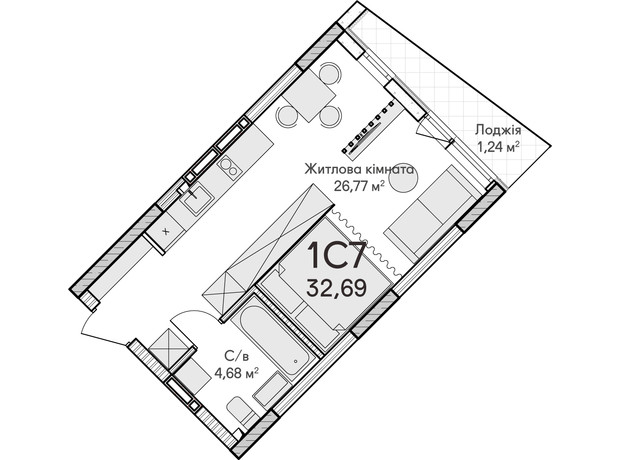 ЖК Синергия Сити: планировка 1-комнатной квартиры 32 м²