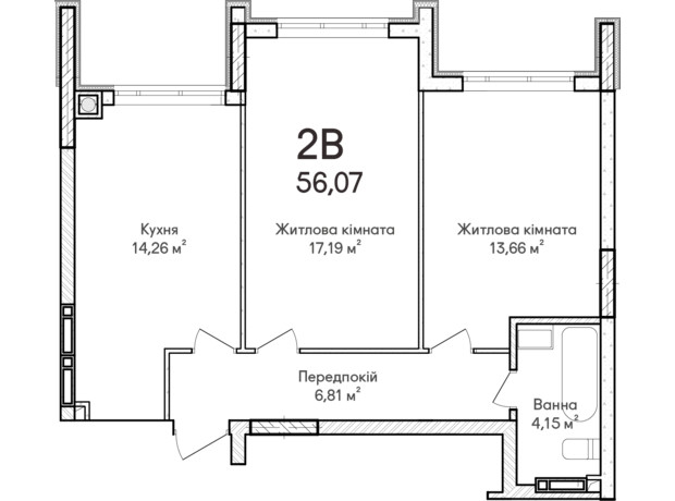 ЖК Синергія Сіті: планування 2-кімнатної квартири 57 м²