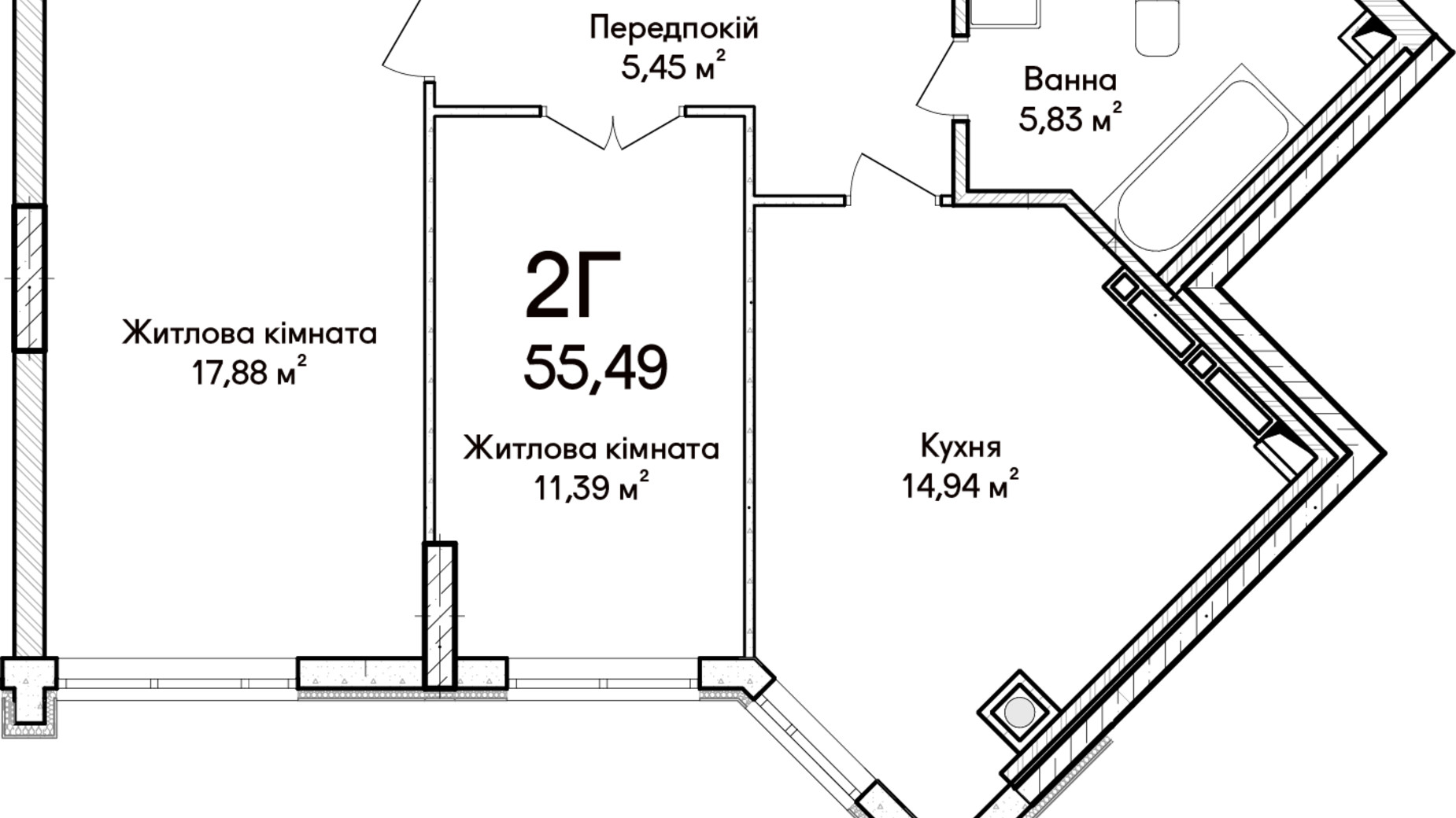 Планування 2-кімнатної квартири в ЖК Синергія Сіті 55 м², фото 634221