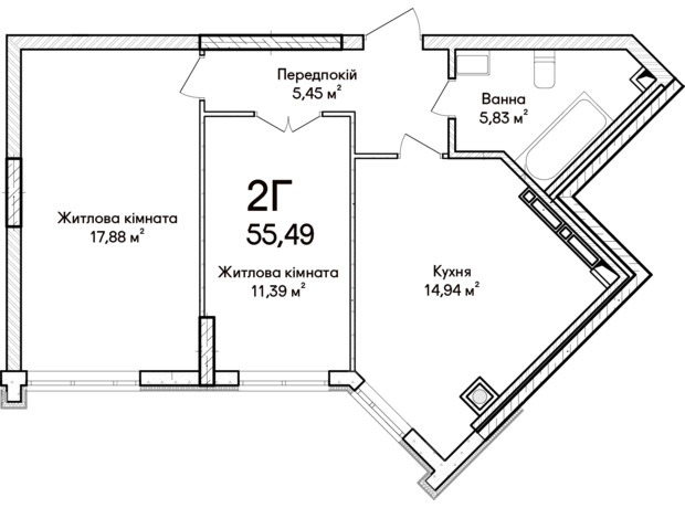 ЖК Синергия Сити: планировка 2-комнатной квартиры 55 м²