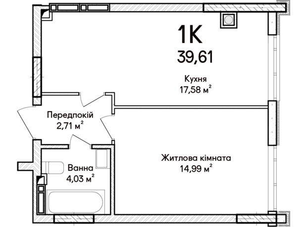 ЖК Синергія Сіті: планування 1-кімнатної квартири 39 м²