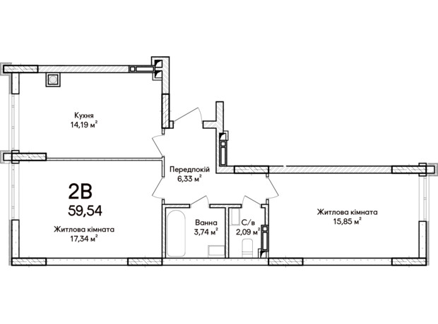 ЖК Синергия Сити: планировка 2-комнатной квартиры 37 м²