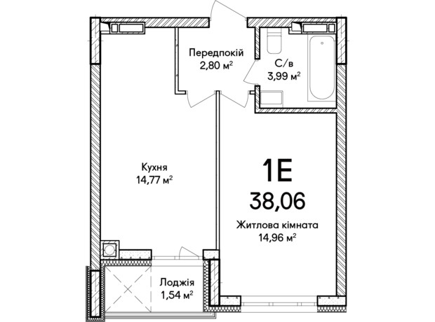 ЖК Синергия Сити: планировка 1-комнатной квартиры 38 м²