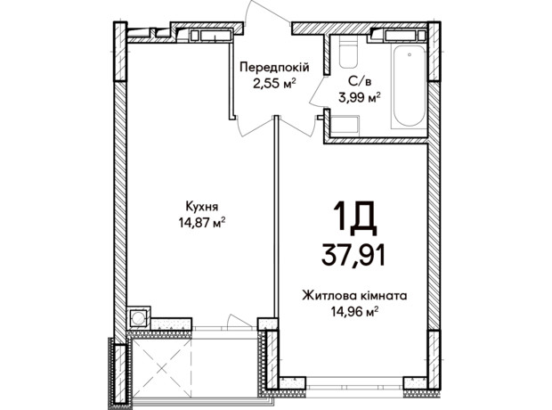 ЖК Синергия Сити: планировка 1-комнатной квартиры 37 м²