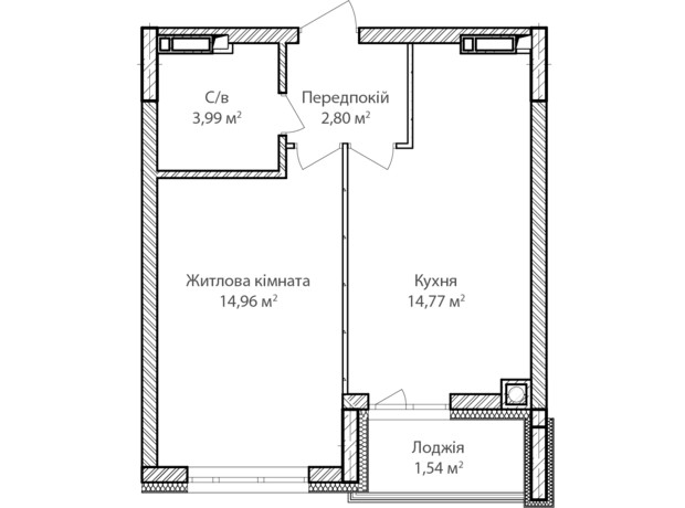 ЖК Синергія Сіті: планування 1-кімнатної квартири 38 м²