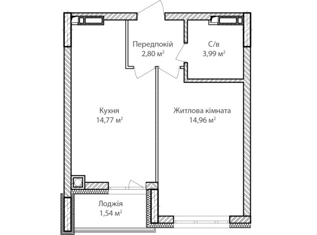 ЖК Синергия Сити: планировка 1-комнатной квартиры 38 м²