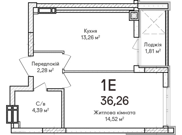 ЖК Синергія Сіті: планування 1-кімнатної квартири 38 м²