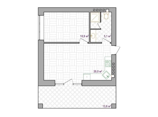 Апарт-комплекс Little Italy Apartments: планування 2-кімнатної квартири 40.1 м²