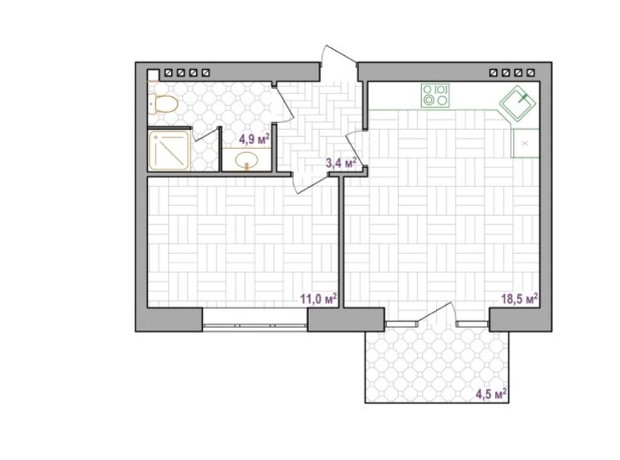 Апарт-комплекс Little Italy Apartments: планування 2-кімнатної квартири 39.2 м²