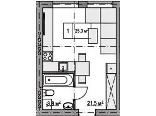 Клубний будинок  Моя Баварія: планування 1-кімнатної квартири 25.3 м²