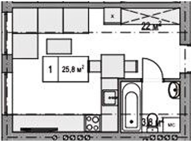 Клубный дом  Моя Бавария: планировка 1-комнатной квартиры 25.8 м²