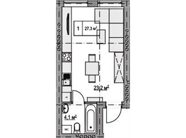 Клубный дом  Моя Бавария: планировка 1-комнатной квартиры 27.3 м²