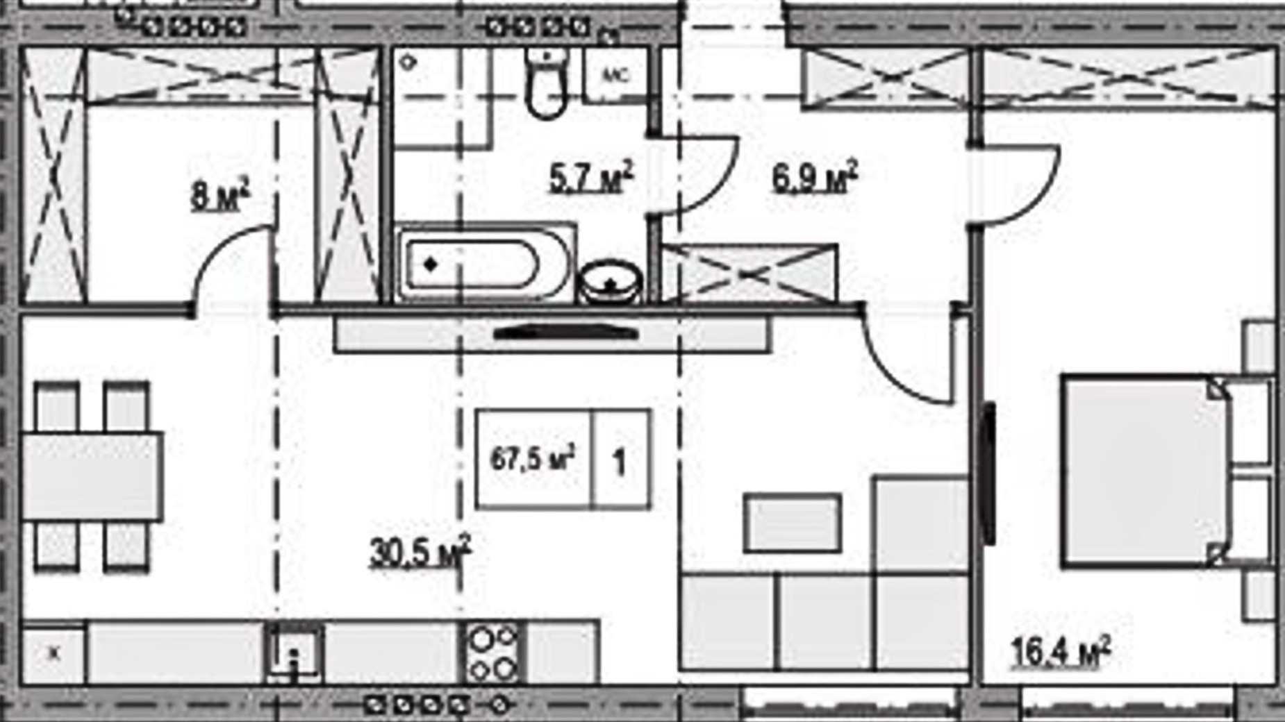 Планировка 1-комнатной квартиры в Клубный дом  Моя Бавария 67.5 м², фото 635176