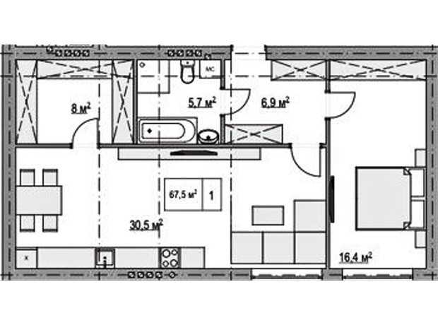 Клубный дом  Моя Бавария: планировка 1-комнатной квартиры 67.5 м²