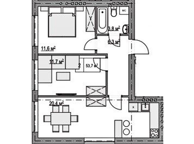 Клубний будинок  Моя Баварія: планування 2-кімнатної квартири 53.7 м²