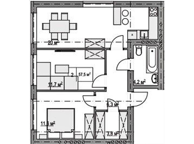 Клубний будинок  Моя Баварія: планування 2-кімнатної квартири 57.5 м²