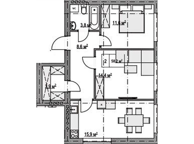 Клубний будинок  Моя Баварія: планування 2-кімнатної квартири 58.2 м²