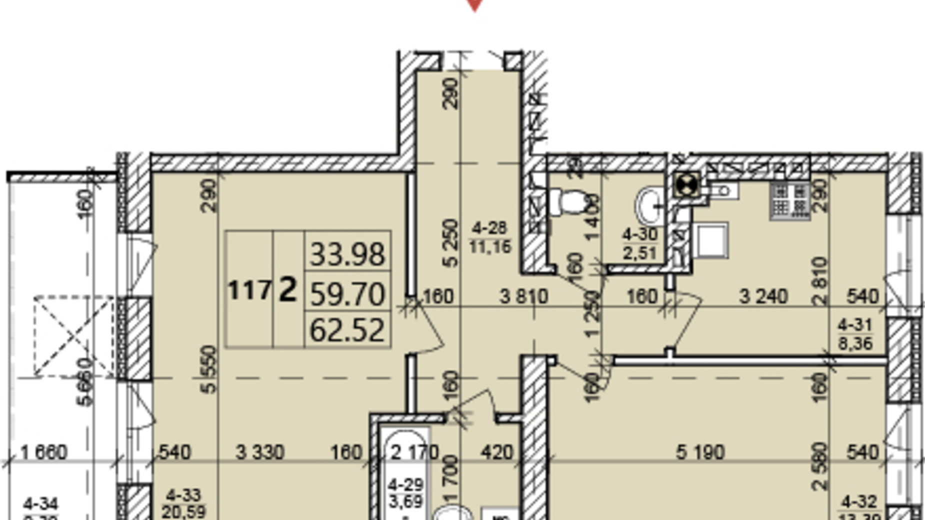 Планировка 2-комнатной квартиры в ЖК Святых Ольги и Елизаветы 62.52 м², фото 635180