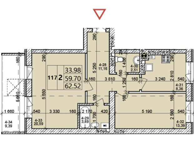 ЖК Святых Ольги и Елизаветы: планировка 2-комнатной квартиры 62.52 м²