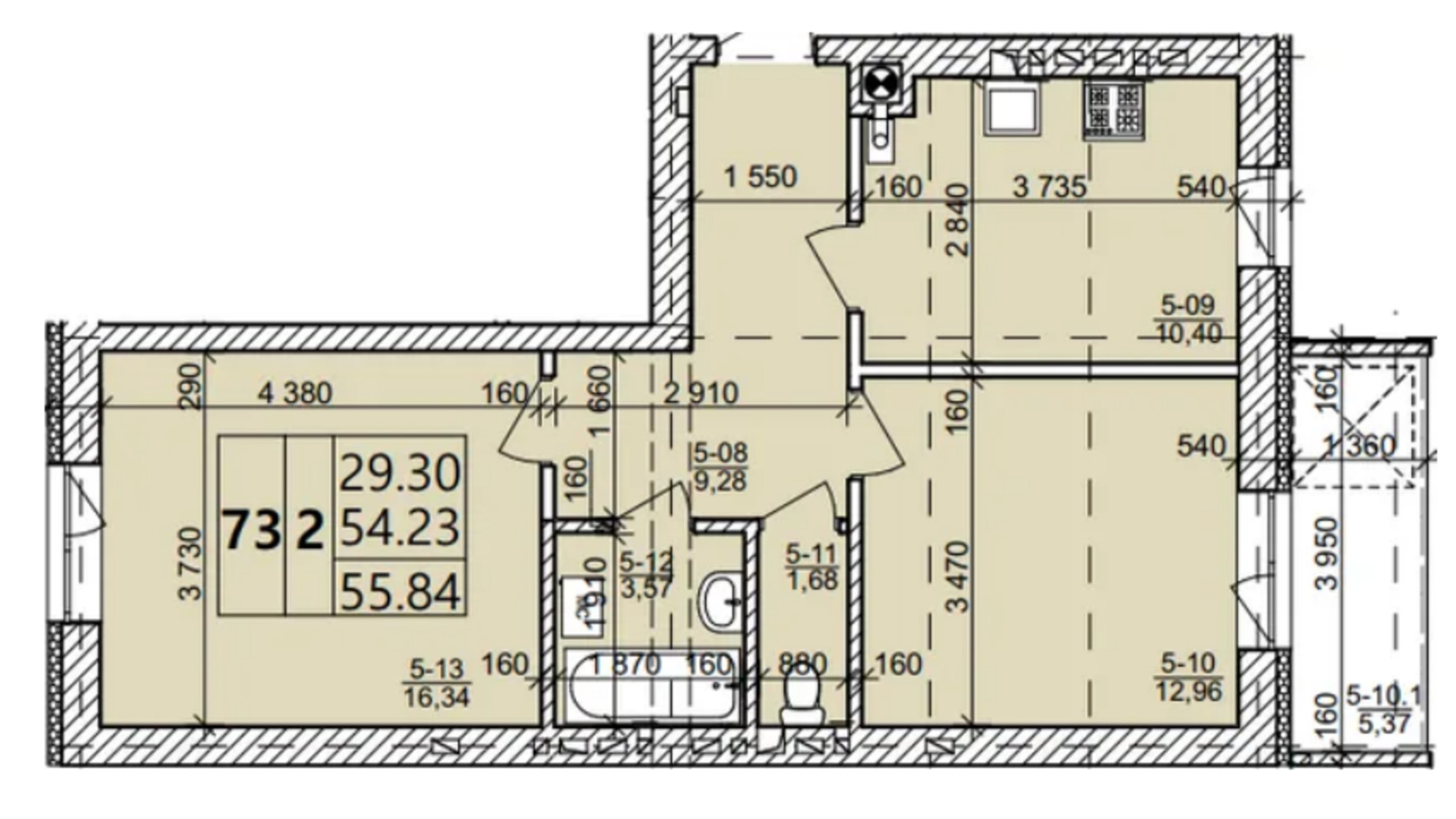 Планировка 2-комнатной квартиры в ЖК Святых Ольги и Елизаветы 55.84 м², фото 635181