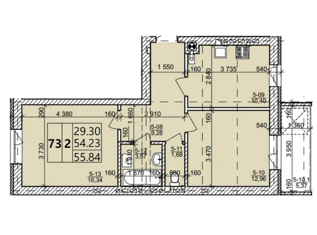 ЖК Святых Ольги и Елизаветы: планировка 2-комнатной квартиры 55.84 м²