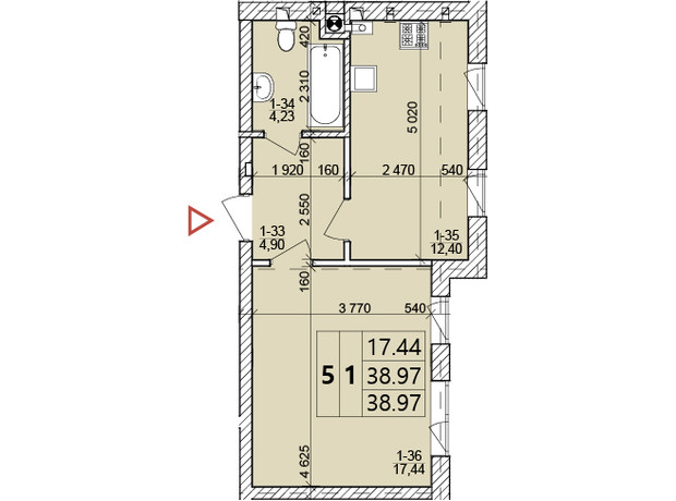 ЖК Святых Ольги и Елизаветы: планировка 1-комнатной квартиры 38.97 м²