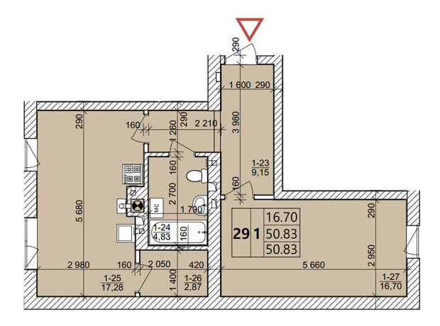 ЖК Святых Ольги и Елизаветы: планировка 1-комнатной квартиры 50.83 м²